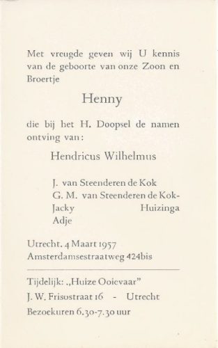 1957 - Geboorte Hendricus Wilhelmus van Steenderen de Kok