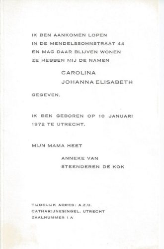 1972 - Geboorte Carolina Johanna Elisabeth van Steenderen de Kok
