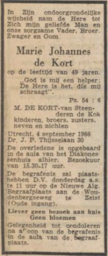 1966 - Overlijden Marie Johannes de Kort (1918 - 1966)