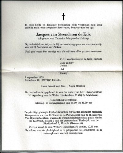 1979 - Overlijden Jacques van Steenderen de Kok (1915-1979)