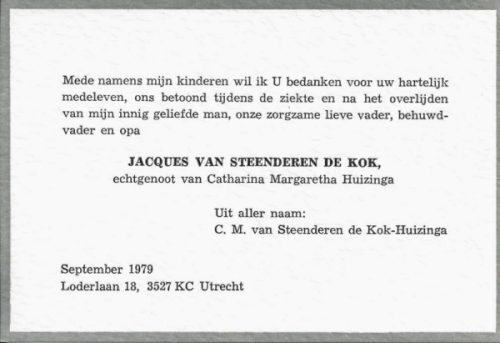 1979 - Overlijden Jacques van Steenderen de Kok (1915-1979)