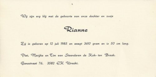 1985 - Geboorte Rianne van Steenderen de Kok