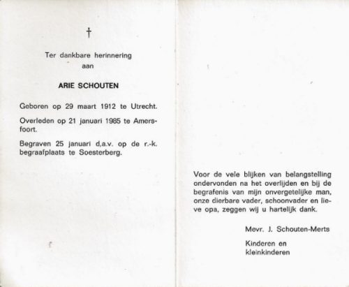 1985 - Overlijden Arie Schouten(1912-1985)
