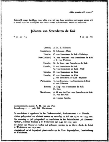 1986 - Overlijden Johanna van Steenderen de Kok (1913-1986)