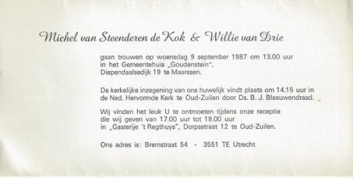1987 - Huwelijk Michel Josef van Steenderen de Kok en Wilhelmina Elisabeth van Drie