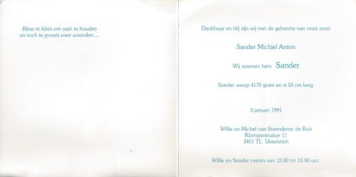 1991 - Geboorte Sander Michiel Anton van Steenderen de Kok