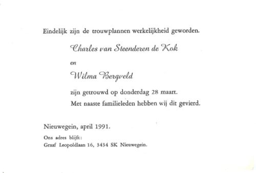1991 - Huwelijk Charles Johannes Antonius van Steenderen de Kok en Wilhelmina Maria Geertruida Bergveld