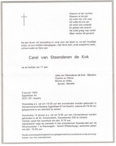 1993 - Overlijden Carel van Steenderen de Kok (1921-1993)