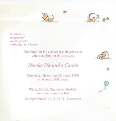1995 - Geboorte Nienke Henrieke Carola van Steenderen de Kok