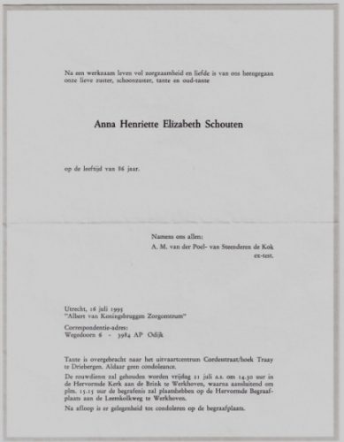 1995 - Overlijden Anna Henriette Elizabeth Schouten (1909-1995)