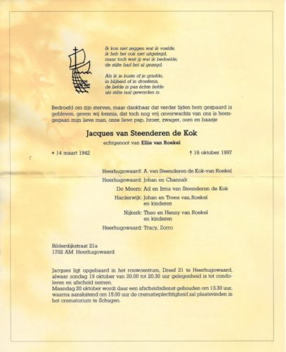 1997 - Overlijden Jacobus Johannes van Steenderen de Kok (1942-1997)