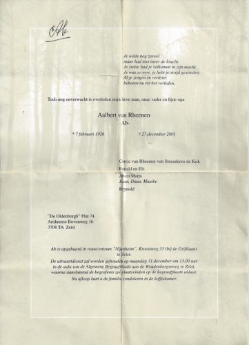 2001 - Overlijden Aalbert van Rheenen (1926-2001)