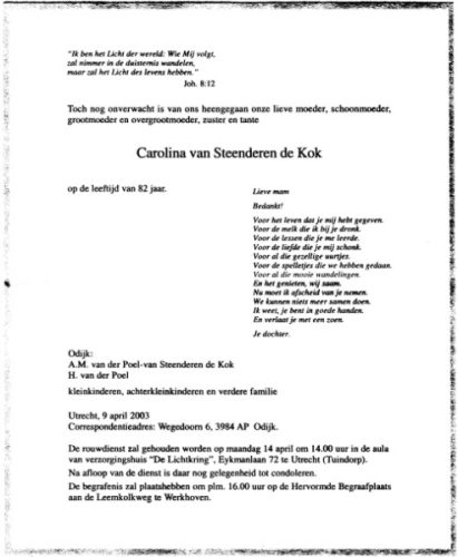 2003 - Overlijden Carolina van Steenderen de Kok (1920-2003)