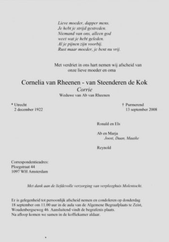 2008 - Overlijden Cornelia van Steenderen de Kok (1922-2008)
