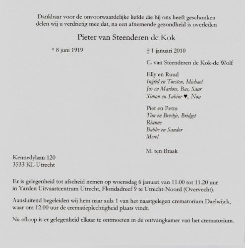 2010 - Overlijden Pieter van Steenderen de Kok (1919-2010)