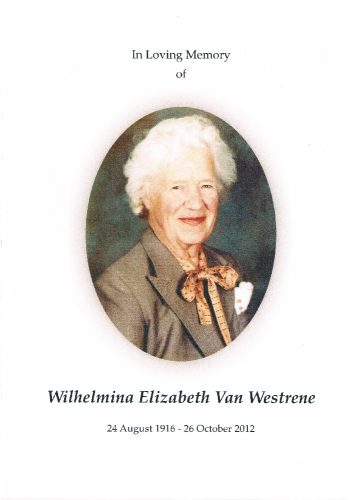 2012 - Overlijden Wilhemina Elisabeth van Steenderen de Kok (1916-2012)