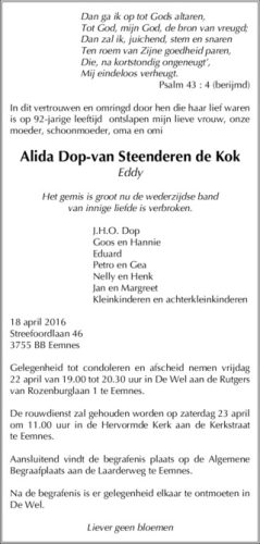 2016 - Overlijden Alida van Steenderen de Kok (1924-2016)