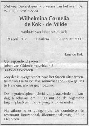 2006 - Overlijden Wilhelmina Cornelia de Milde