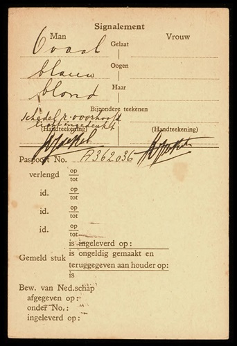 1944 -  Achterzijde aanvraag paspoort Lambertus Jasper de Kok (geb. 6-9-1896)