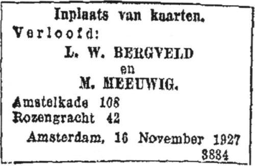 1927 - Verloofd Lamberta Wilhelmina Bergveld (geb. 28-4-1896) en Marinus Meeuwig
