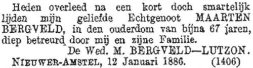 1886 - Overlijden Maarten Bergvelt (1819-1886)