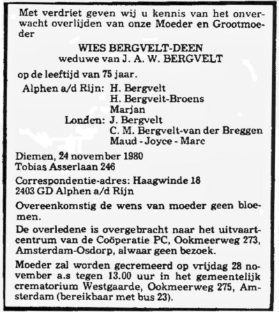 1980 - Overlijden Wichertje Deen (1905-1980)