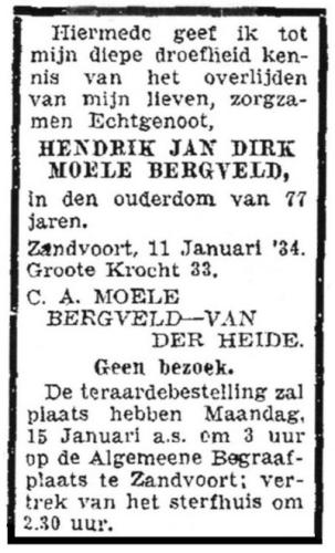 1934 - Overlijden Hendrik Jan Dirk Moele Bergveld (1856-1934)
