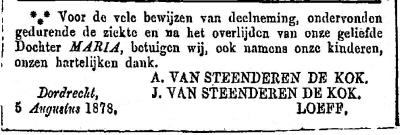 1878 - Overlijden Maria van Steenderen de Kok (1855-1878)
