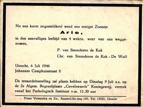 1946 - Overlijden Arie van Steenderen de Kok (1946-1946)