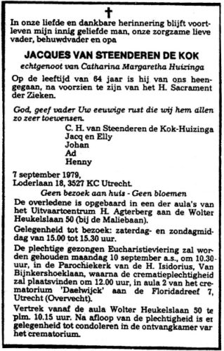 1979 - Overlijden Jacques van Steenderen de Kok (1915-1979)
