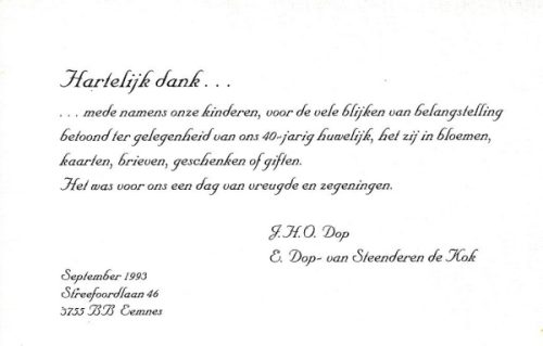 1993 - 40-jarig huwelijk Alida van Steenderen de Kok en Jan Hendrik Otto Dop